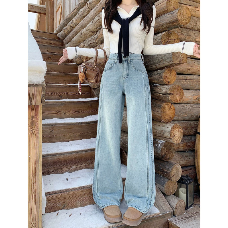 Дънкови панталони с широк крак, подплатени с флис, висока талия, памук, Зимна колекция 2025