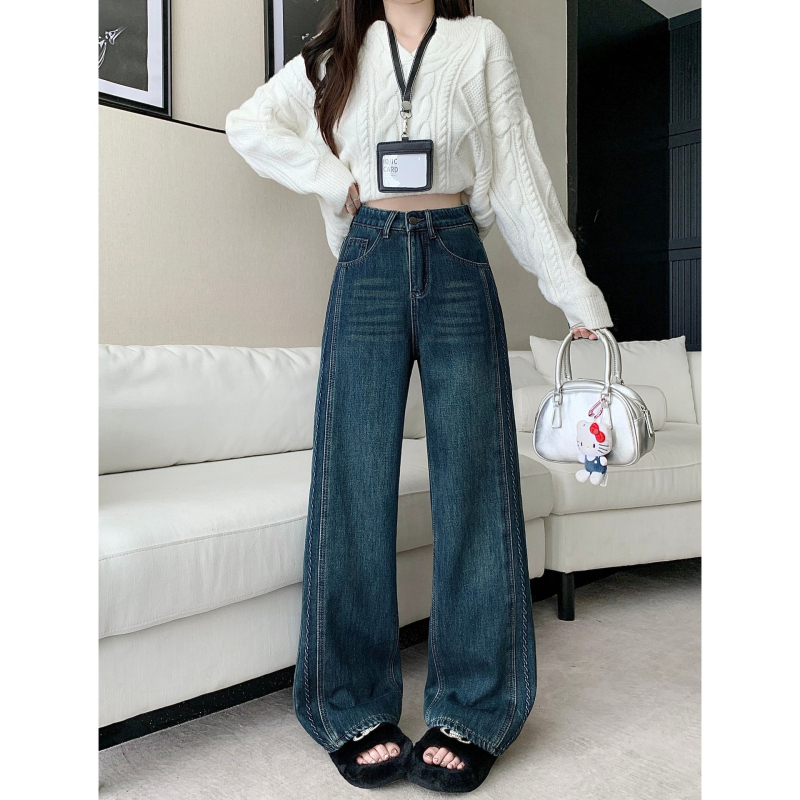 Дънкови панталони с широк крак, подплатени с флис, висока талия, памук, Зимна колекция 2025