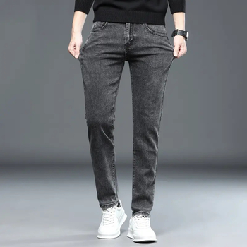 Jeanși din denim pentru bărbați, croială slim tapered, talie medie, fermoar, pantaloni lungi