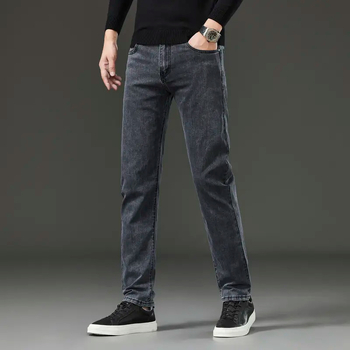 Jeanși din denim pentru bărbați, croială slim tapered, talie medie, fermoar, pantaloni lungi