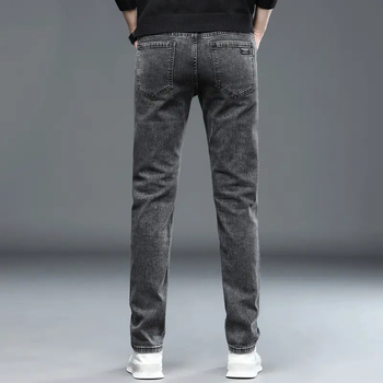 Jeanși din denim pentru bărbați, croială slim tapered, talie medie, fermoar, pantaloni lungi