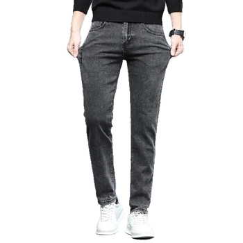 Jeanși din denim pentru bărbați, croială slim tapered, talie medie, fermoar, pantaloni lungi