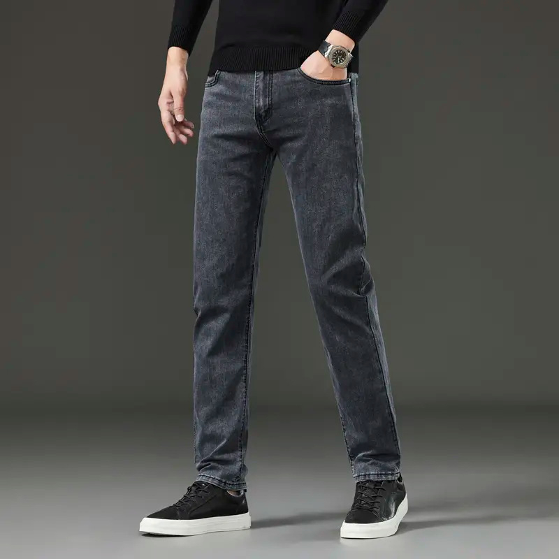 Jeanși din denim pentru bărbați, croială slim tapered, talie medie, fermoar, pantaloni lungi