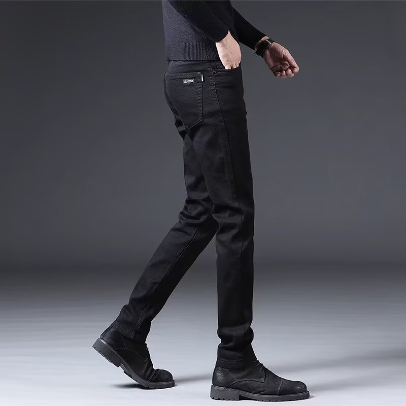 Jeanși din denim pentru bărbați, croială slim tapered, talie medie, fermoar, pantaloni lungi