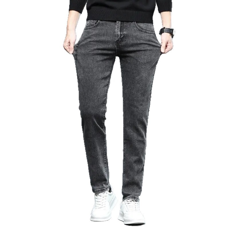 Jeanși din denim pentru bărbați, croială slim tapered, talie medie, fermoar, pantaloni lungi