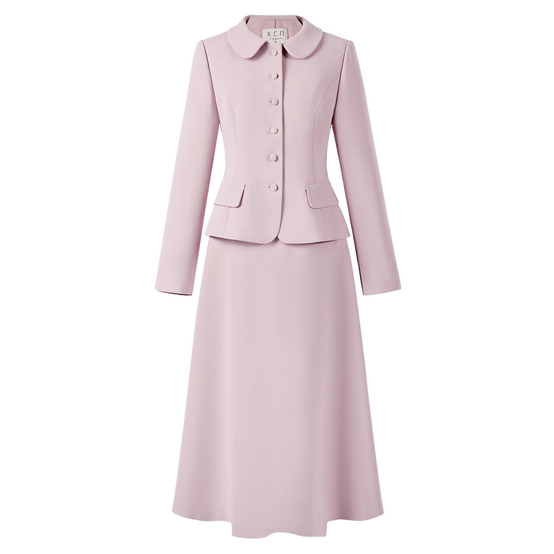 Profesionālā sieviešu kostīmu svārki, vidējā garuma, garas piedurknes, poliesters ar mazāk nekā 30% spandeksa, rudens 2024, biroja stils