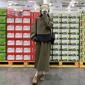 Set casual fustă-sweatshirt cu mâneci lungi și fustă de lungime medie, poliester, design colaj/splice, stil office