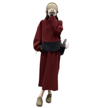 Set casual fustă-sweatshirt cu mâneci lungi și fustă de lungime medie, poliester, design colaj/splice, stil office