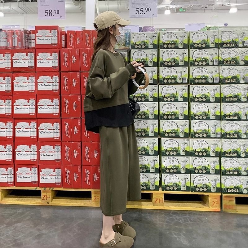 Set casual fustă-sweatshirt cu mâneci lungi și fustă de lungime medie, poliester, design colaj/splice, stil office