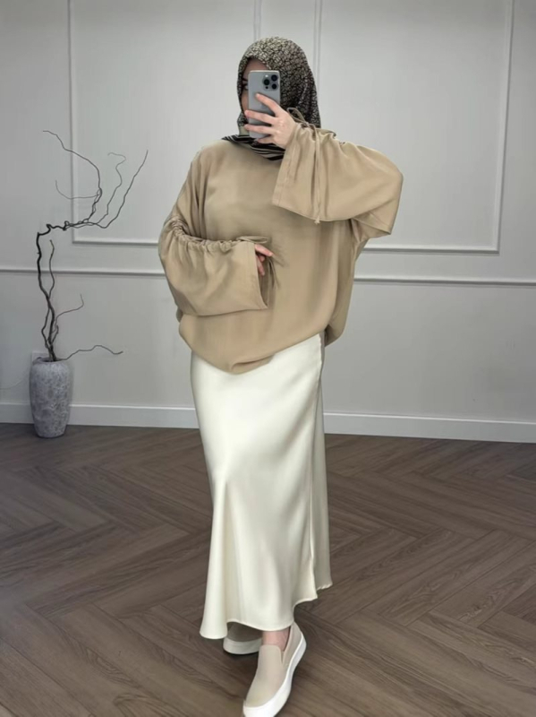 Set suknje i topa: šifonska majica s dugim rukavima i duga suknja, poliestersko-spandeks mješavina, jednobojna, elegantan poslovni stil