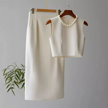 Set costum fustă fără mâneci — uni, fustă midi, poliester cu spandex, 70–80% poliester