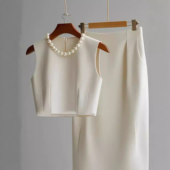 Set costum fustă fără mâneci — uni, fustă midi, poliester cu spandex, 70–80% poliester