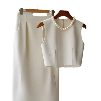 Set costum fustă fără mâneci — uni, fustă midi, poliester cu spandex, 70–80% poliester