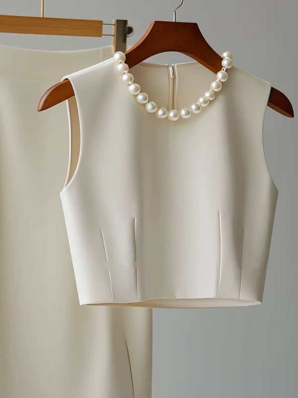 Set costum fustă fără mâneci — uni, fustă midi, poliester cu spandex, 70–80% poliester