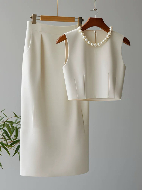 Set costum fustă fără mâneci — uni, fustă midi, poliester cu spandex, 70–80% poliester