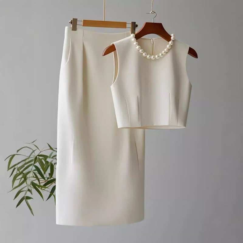 Set costum fustă fără mâneci — uni, fustă midi, poliester cu spandex, 70–80% poliester