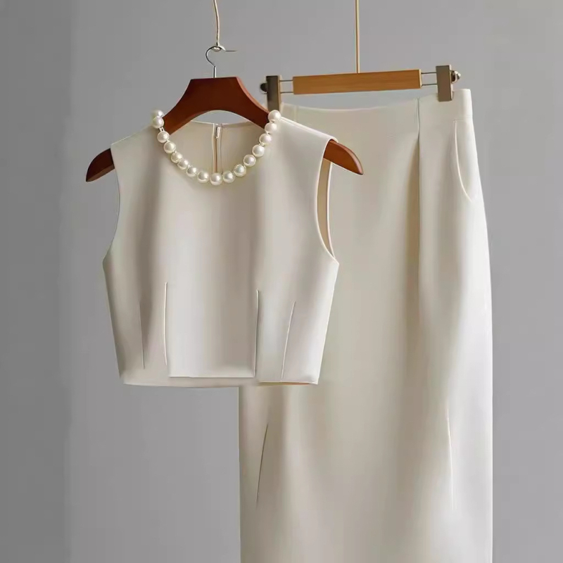 Set costum fustă fără mâneci — uni, fustă midi, poliester cu spandex, 70–80% poliester