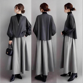 Dvokomponentni uredski set: top s okruglim izrezom i zipom, dugi rukavi + suknja A-linije, poliester, proljeće 2025