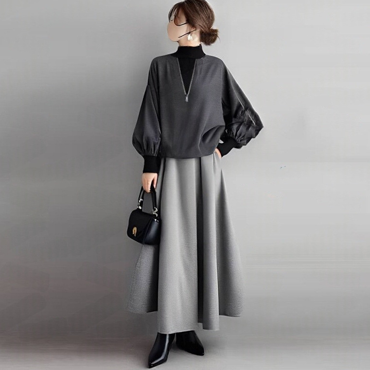 Dvokomponentni uredski set: top s okruglim izrezom i zipom, dugi rukavi + suknja A-linije, poliester, proljeće 2025