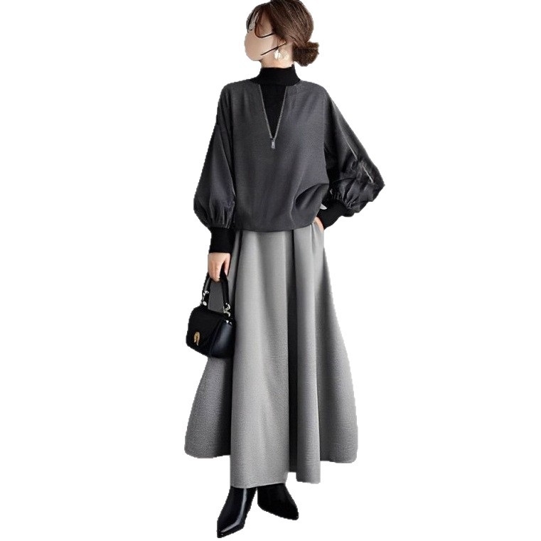 Dvokomponentni uredski set: top s okruglim izrezom i zipom, dugi rukavi + suknja A-linije, poliester, proljeće 2025