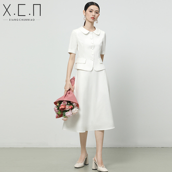 Sieviešu profesionālais darba uzvalks ar svārkiem, 2024. gada pavasaris, poliesteris, midi svārki, 3/4 piedurknes, kakla etiķete, Auspicious Spring Bird