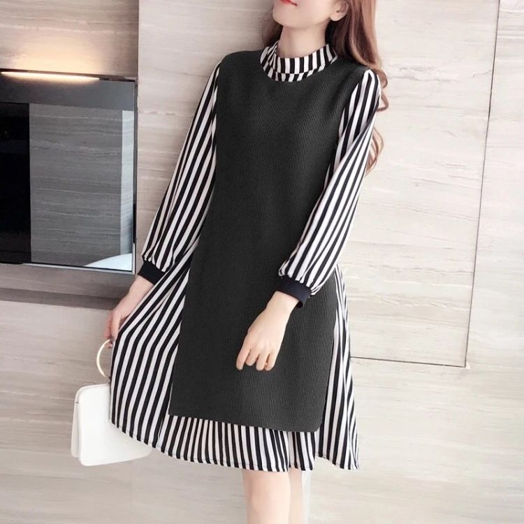 Costum de damă din două piese, în dungi, plisat, poliester, mâneci lungi, toamnă 2022, stil urban pentru naveta zilnică