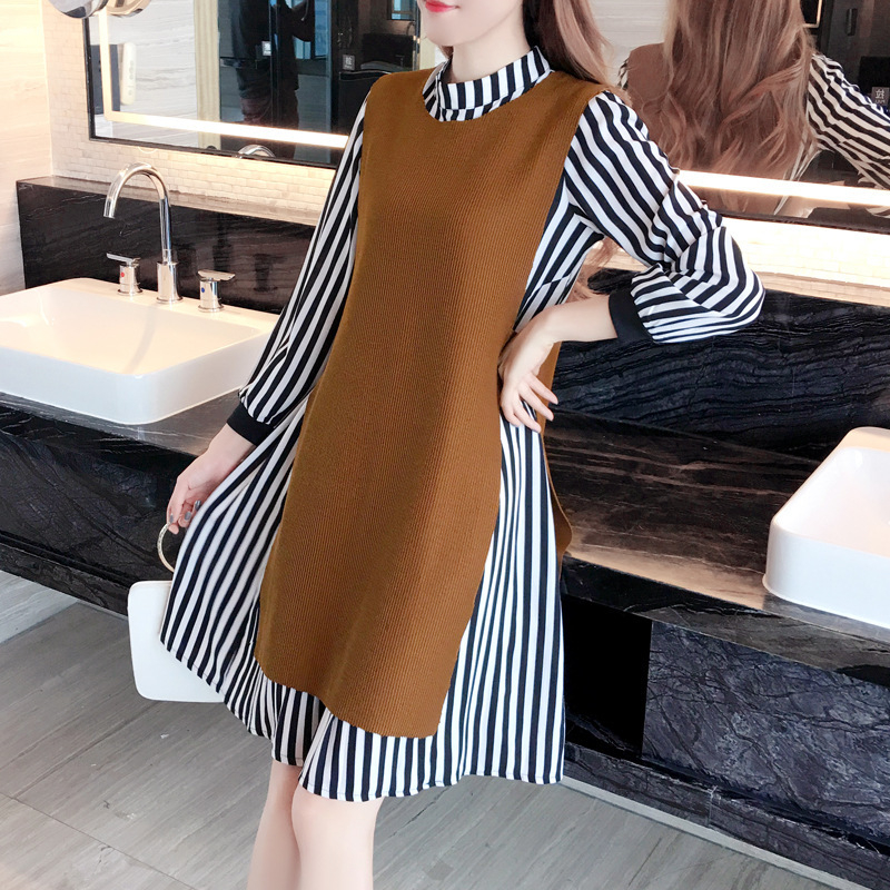 Costum de damă din două piese, în dungi, plisat, poliester, mâneci lungi, toamnă 2022, stil urban pentru naveta zilnică