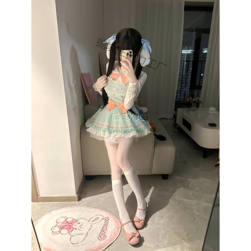 Set JK uniforme – Bluza Bowknot Doll Shirt, Suknja s visokim strukom na naramenice, Pufnasta suknja, Dugi rukav, Proljeće 2025