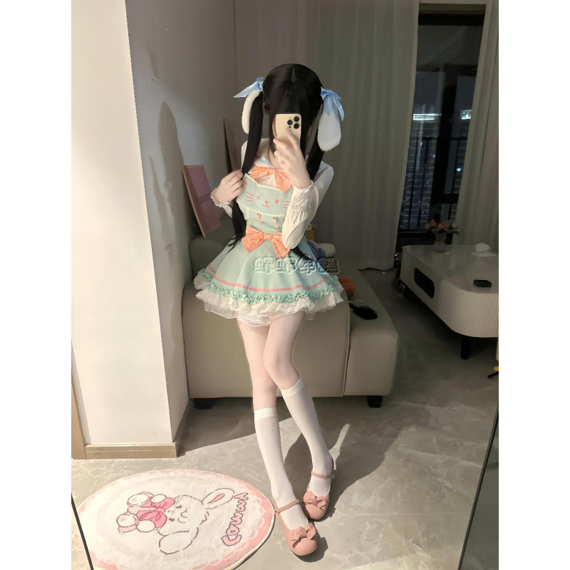 Set JK uniforme – Bluza Bowknot Doll Shirt, Suknja s visokim strukom na naramenice, Pufnasta suknja, Dugi rukav, Proljeće 2025
