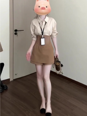 Dvodjelni casual kostim s košulom i visokim pojasom, set suknja-pantalone, proljeće 2025, dugi rukavi, stil kraljevske sestre