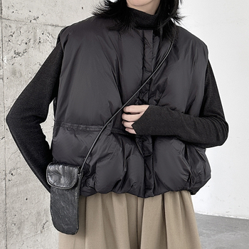 Ženska bez rukava down vesta s bijelim patkom, poliester, okrugli vrat, prednji zip