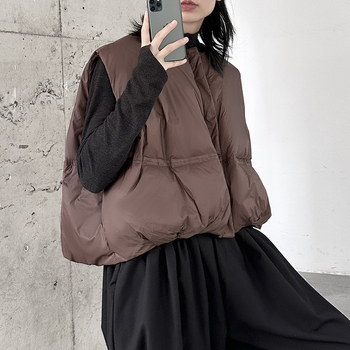 Ženska bez rukava down vesta s bijelim patkom, poliester, okrugli vrat, prednji zip