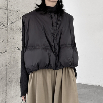 Ženska bez rukava down vesta s bijelim patkom, poliester, okrugli vrat, prednji zip
