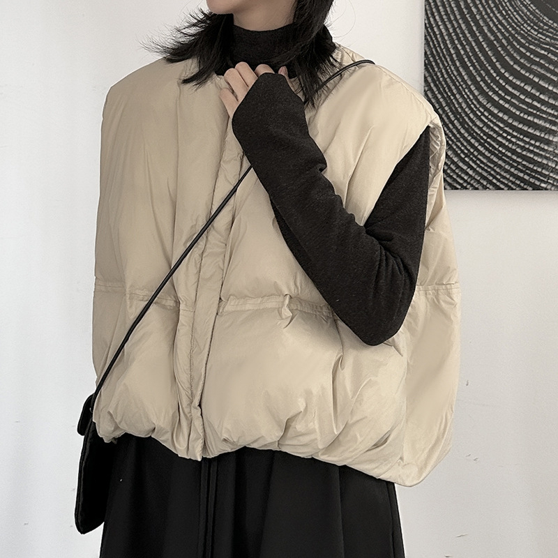 Ženska bez rukava down vesta s bijelim patkom, poliester, okrugli vrat, prednji zip