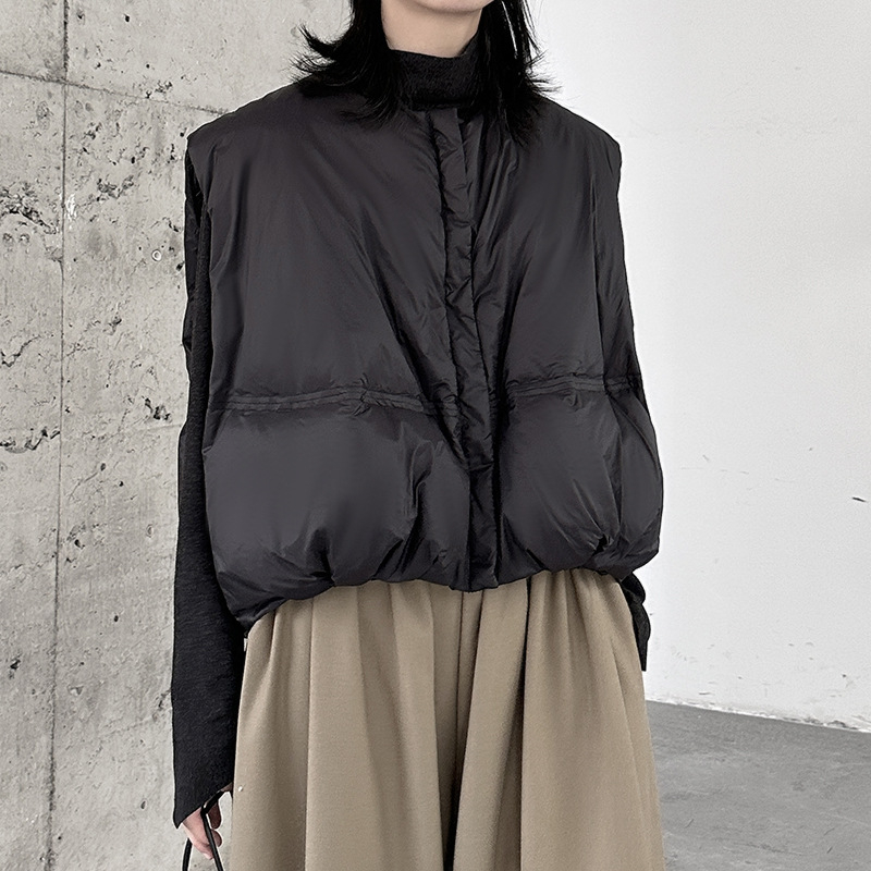 Ženska bez rukava down vesta s bijelim patkom, poliester, okrugli vrat, prednji zip