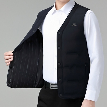 Vīriešu ziemas plāna pūka veste, 91–95% balta pīļu pūka, neilona ārējais audums, poliestera pildījums, V-veida kakls, bez kapuces