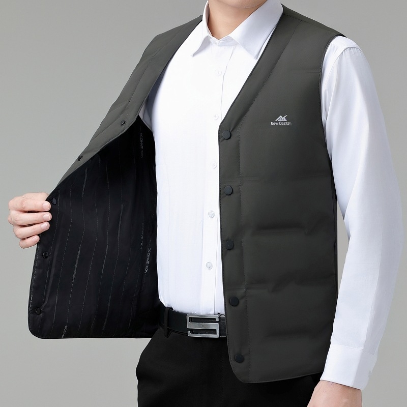 Vīriešu ziemas plāna pūka veste, 91–95% balta pīļu pūka, neilona ārējais audums, poliestera pildījums, V-veida kakls, bez kapuces