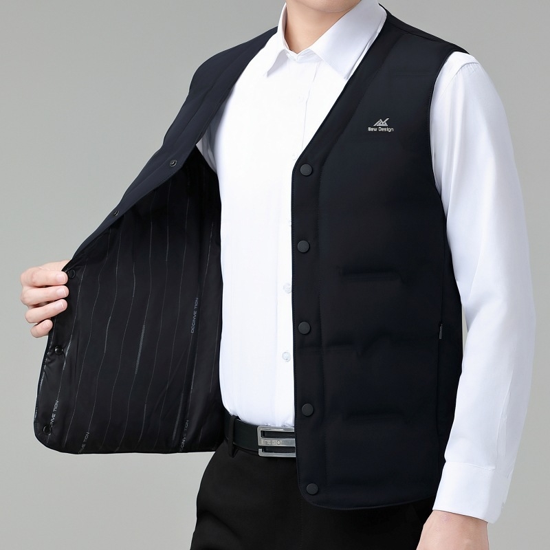 Vīriešu ziemas plāna pūka veste, 91–95% balta pīļu pūka, neilona ārējais audums, poliestera pildījums, V-veida kakls, bez kapuces