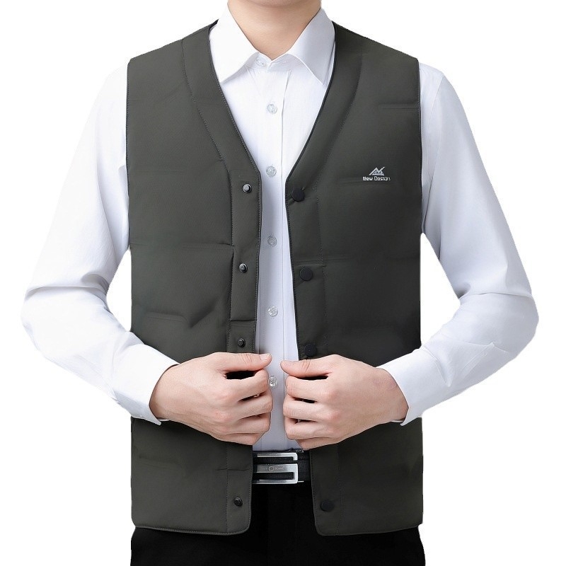 Vīriešu ziemas plāna pūka veste, 91–95% balta pīļu pūka, neilona ārējais audums, poliestera pildījums, V-veida kakls, bez kapuces