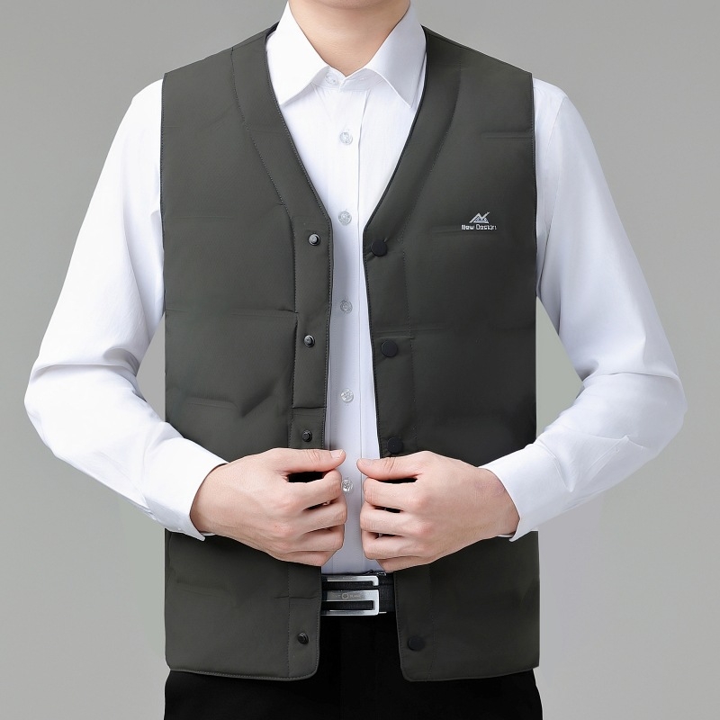 Vīriešu ziemas plāna pūka veste, 91–95% balta pīļu pūka, neilona ārējais audums, poliestera pildījums, V-veida kakls, bez kapuces