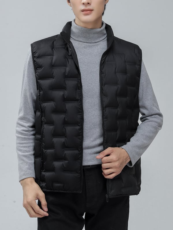 Vīriešu dūnu veste, viegla, ar augstu apkakli, rāvējslēdzējs, brīvs piegriezums, piemērota rudens–ziemas sezonai