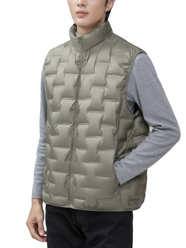 Vīriešu dūnu veste, viegla, ar augstu apkakli, rāvējslēdzējs, brīvs piegriezums, piemērota rudens–ziemas sezonai