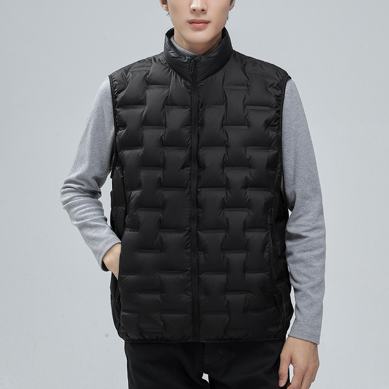 Vīriešu dūnu veste, viegla, ar augstu apkakli, rāvējslēdzējs, brīvs piegriezums, piemērota rudens–ziemas sezonai