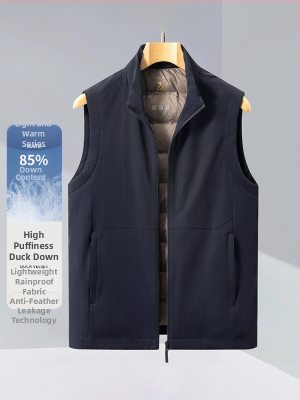 Vīriešu pūkaina vesta ar stāvošu apkakli, rāvējslēdzējs, bieza izolācija, 81–85% pūka, sānu kabatas