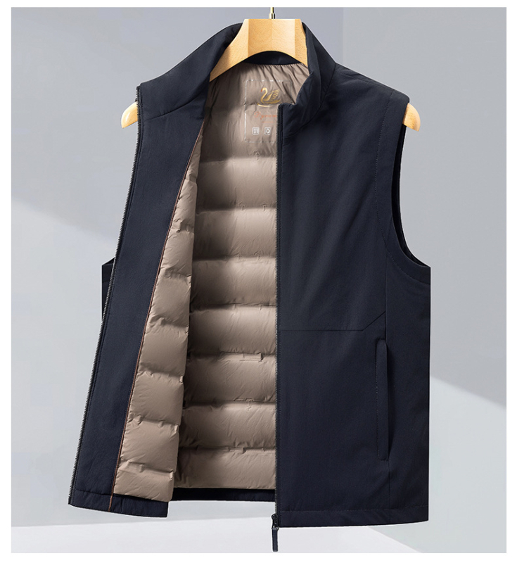 Vīriešu pūkaina vesta ar stāvošu apkakli, rāvējslēdzējs, bieza izolācija, 81–85% pūka, sānu kabatas