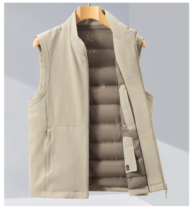 Vīriešu pūkaina vesta ar stāvošu apkakli, rāvējslēdzējs, bieza izolācija, 81–85% pūka, sānu kabatas