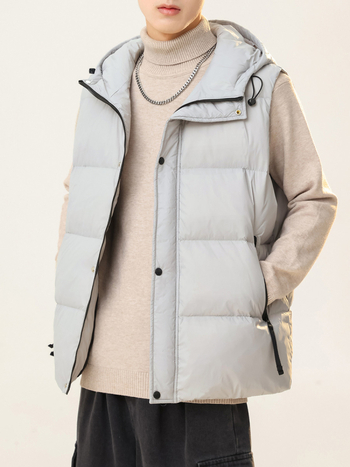 Vīriešu kapucēta pūkvestes, bieza izolācija, neilona ārējais audums, poliestera odere, rāvējslēdzējs