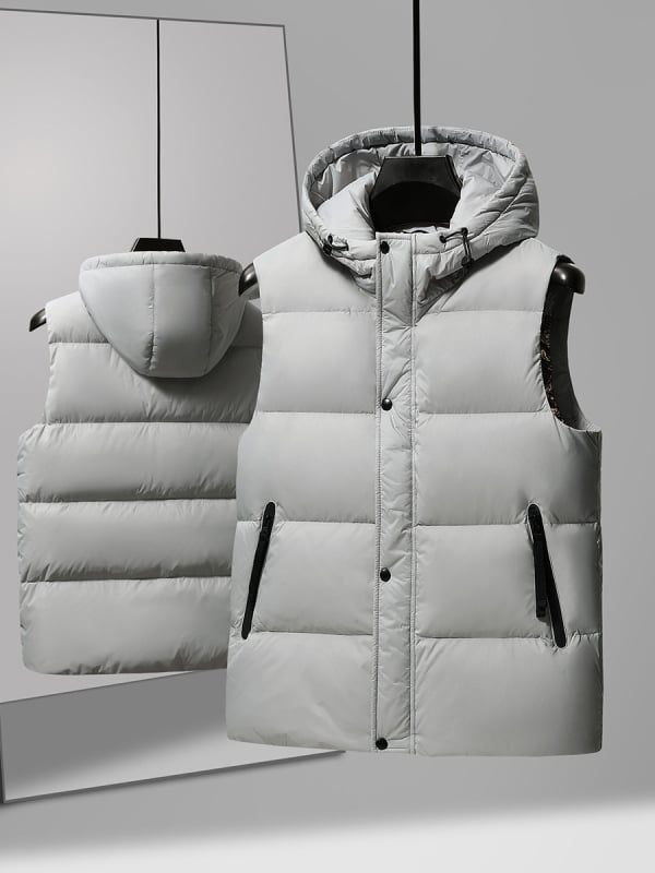 Vīriešu kapucēta pūkvestes, bieza izolācija, neilona ārējais audums, poliestera odere, rāvējslēdzējs