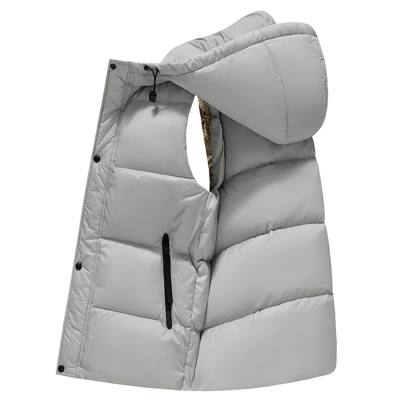 Vīriešu kapucēta pūkvestes, bieza izolācija, neilona ārējais audums, poliestera odere, rāvējslēdzējs