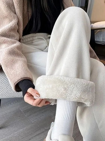 Дамски панталони с подплата от флис, с права кройка, смес полиестер-еластан (30–50% еластан), дебели зимни ежедневни панталони с еластична талия